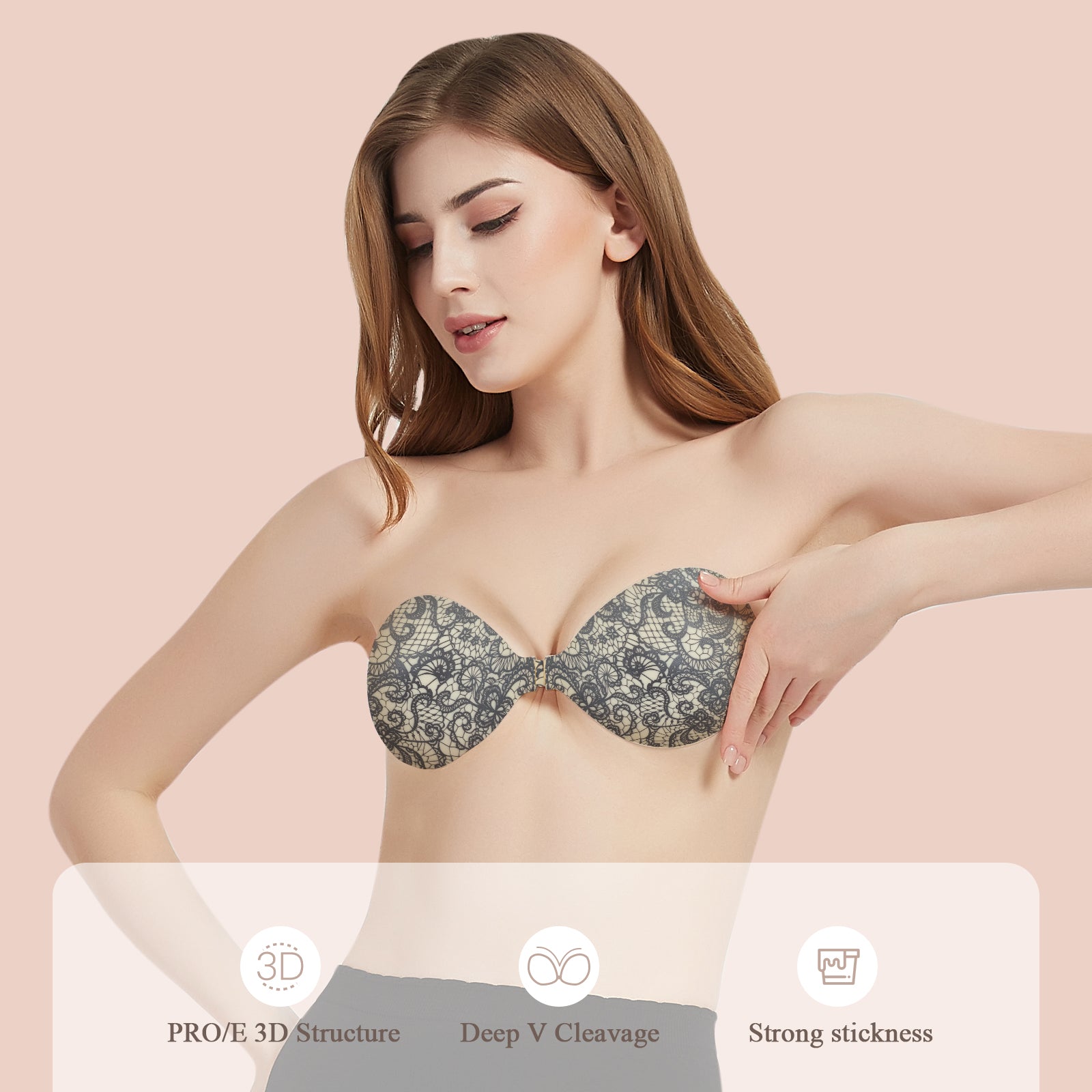 KISSBOBO Adhesive Bra, Lace Pattern Strapless Adhesive Backless Bra,Reusable Bra Backless Invisible, Come with Nipple Pads for Evening Dress Wedding Dress Swimsuit and Backless Clothing-2