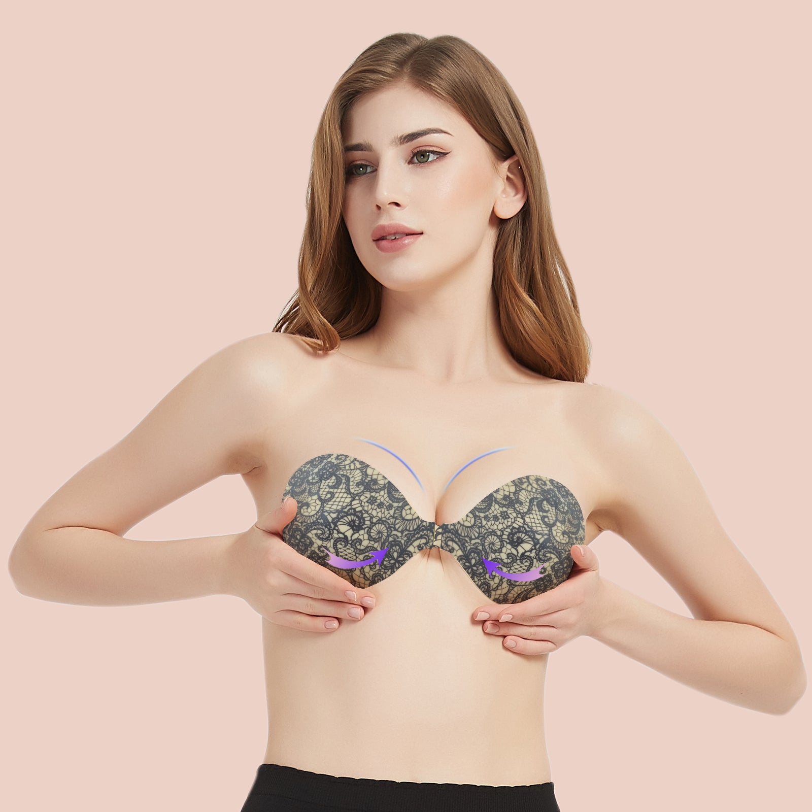 KISSBOBO Adhesive Bra, Lace Pattern Strapless Adhesive Backless Bra,Reusable Bra Backless Invisible, Come with Nipple Pads for Evening Dress Wedding Dress Swimsuit and Backless Clothing-1